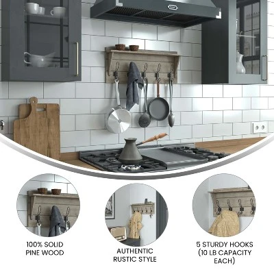 Merrick Lane 24 Inch Wall Mount Pine Wood Storage Rack With 5 Hanging Hooks, Entryway, Kitchen, Bathroom 7 Merrick Lane 24 Inch Wall Mount Pine Wood Storage Rack With 5 Hanging Hooks, Entryway, Kitchen, Bathroom - Image 5