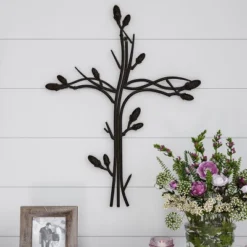 Metal Wall Cross With Decorative Intertwined Vine Design- Rustic Handcrafted Religious Art For Decor In Living Room, Bedroom, More By Hastings Home