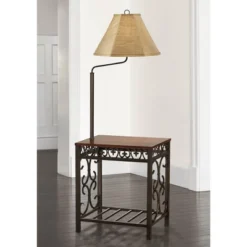 Regency Hill Travata Rustic Vintage Floor Lamp With End Table 54" Tall Bronze Scrollwork Swing Arm Burlap Fabric Empire Shade For Living Room Reading