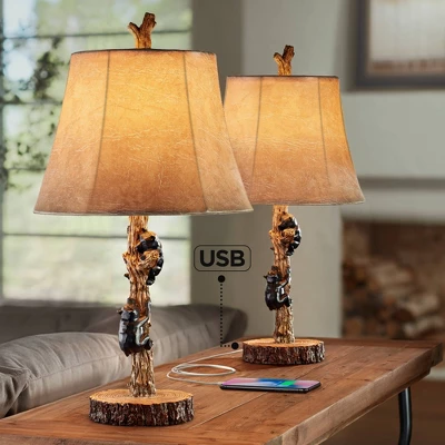 John Timberland Climbing Bears Rustic Accent Table Lamps 22 1/2" High Set Of 2 Brown Faux Wood With USB Charging Port Faux Leather Shade For Desk 3 John Timberland Climbing Bears Rustic Accent Table Lamps 22 1/2" High Set Of 2 Brown Faux Wood With USB Charging Port Faux Leather Shade For Desk