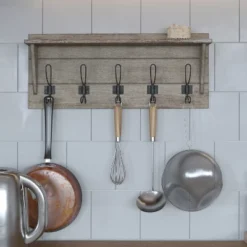 Merrick Lane Pine Wood 24 Inch Wall Mount Storage Rack With 5 Hanging Hooks And Upper Display Shelf -Home Decor Store GUEST 3cd9aa3d 93b7 4338 9283 6f20574e5022