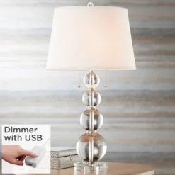 Vienna Full Spectrum Modern Table Lamp 26 1/2" High With USB Dimmer Stacked Crystal Spheres White Drum Shade For Bedroom Living Room Desk Bedside