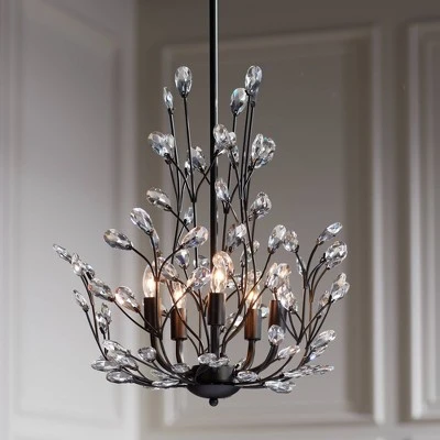 Regency Hill Aurine Matte Black Pendant Chandelier 18" Wide Modern Clear Crystal Glass Leaf 5-Light Fixture For Dining Room Foyer House Kitchen Island 3 Regency Hill Aurine Matte Black Pendant Chandelier 18" Wide Modern Clear Crystal Glass Leaf 5-Light Fixture For Dining Room Foyer House Kitchen Island