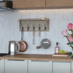 Merrick Lane Pine Wood 24 Inch Wall Mount Storage Rack With 5 Hanging Hooks And Upper Display Shelf -Home Decor Store GUEST 54e12820 a822 403f b044 ccf1c2a10348