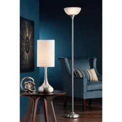 360 Lighting Maddox Modern Torchiere Floor Lamp 71" Tall Satin Nickel Silver Metal Alabaster Glass Shade For Living Room Bedroom Office House Home -Home Decor Store GUEST 55c31dbd e4aa 4124 9f9e 863eaa34923f