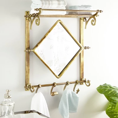 25" X 28" Bathroom Wall Rack With Hooks And Mirror Brass - Olivia & May 3 25" X 28" Bathroom Wall Rack With Hooks And Mirror Brass - Olivia & May