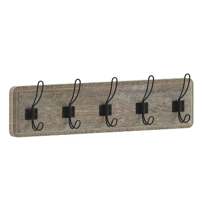 Merrick Lane 24 Inch Wall Mount Pine Wood Storage Rack With 5 Hanging Hooks, Entryway, Kitchen, Bathroom 14 Merrick Lane 24 Inch Wall Mount Pine Wood Storage Rack With 5 Hanging Hooks, Entryway, Kitchen, Bathroom - Image 12