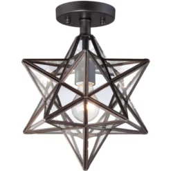 Franklin Iron Works Cuthbert Modern Farmhouse Ceiling Light Semi Flush Mount Fixture 11" Wide Black Iron Moravian Star Clear Glass Panels For Bedroom -Home Decor Store GUEST 6fa0a7c1 f9f0 4938 bbaa c55def10bb41