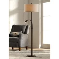 Possini Euro Design Traverse Modern Floor Lamp With LED Gooseneck Reading Light 64" Tall Oil Rubbed Bronze Oatmeal Drum Shade For Living Room Bedroom
