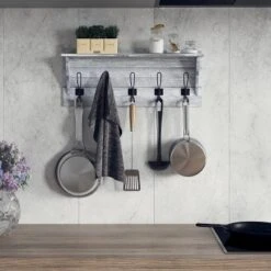 Emma And Oliver Rustic Country Wall Mounted Entryway Shelf With 5 Rustic Hooks And Wood Construction -Home Decor Store GUEST ad6393df 23f3 4be1 8cad 9811f7855892