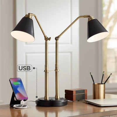 Possini Euro Design Sentry Modern Mid Century Desk Lamp 23" High Black Brass With USB Charging Port LED Adjustable Cone Shade For Bedroom Living Room 3 Possini Euro Design Sentry Modern Mid Century Desk Lamp 23" High Black Brass With USB Charging Port LED Adjustable Cone Shade For Bedroom Living Room
