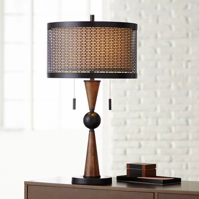 Franklin Iron Works Hunter Modern Rustic Farmhouse Table Lamp 29 3/4" Tall Cherry Wood Bronze Metal Double Drum Shade For Bedroom Living Room House 3 Franklin Iron Works Hunter Modern Rustic Farmhouse Table Lamp 29 3/4" Tall Cherry Wood Bronze Metal Double Drum Shade For Bedroom Living Room House