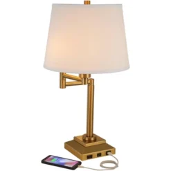 Possini Euro Design Camber Workstation Warm Gold Swing Arm Desk Lamp With Outlet And USB Port