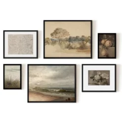 Americanflat 6 Piece Vintage Gallery Wall Art Set - Elm Tree Landscape, The Shore, Woven Silk Textile, Floral Still By Maple + Oak -Home Decor Store GUEST d075d62e deca 4d03 9d2b 010a85e0dd10