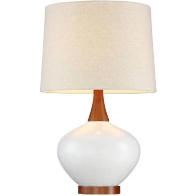 360 Lighting Brice Modern Mid Century Accent Table Lamp 23" High Ivory Ceramic Wood Neck Off White Drum Shade For Bedroom Living Room Bedside Office 7 360 Lighting Brice Modern Mid Century Accent Table Lamp 23" High Ivory Ceramic Wood Neck Off White Drum Shade For Bedroom Living Room Bedside Office - Image 5