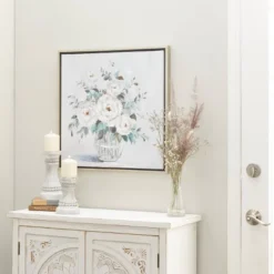 Canvas Floral Bouquet Framed Wall Art With Silver Frame Multi Colored - Olivia & May