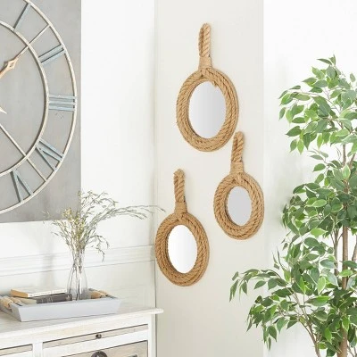 Jute Wall Mirror With Rope Accents Set Of 3 Brown - Olivia & May 4 Jute Wall Mirror With Rope Accents Set Of 3 Brown - Olivia & May - Image 2