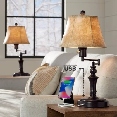 Regency Hill Traditional Swing Arm Desk Table Lamps 21.75" High Set Of 2 With USB Port Bronze Metal Faux Leather Shade For Living Room Bedroom 3 Regency Hill Traditional Swing Arm Desk Table Lamps 21.75" High Set Of 2 With USB Port Bronze Metal Faux Leather Shade For Living Room Bedroom