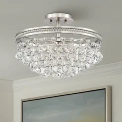 Vienna Full Spectrum Wohlfurst Modern Ceiling Light Semi Flush Mount Fixture 16" Wide Brushed Nickel 3-Light Clear Crystal For Bedroom Living Room