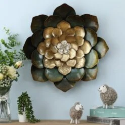 LuxenHome Green, Gold, And White Metal Flower Wall Decor