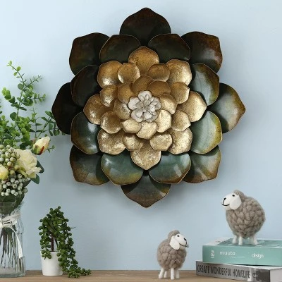 LuxenHome Green, Gold, And White Metal Flower Wall Decor 3 LuxenHome Green, Gold, And White Metal Flower Wall Decor