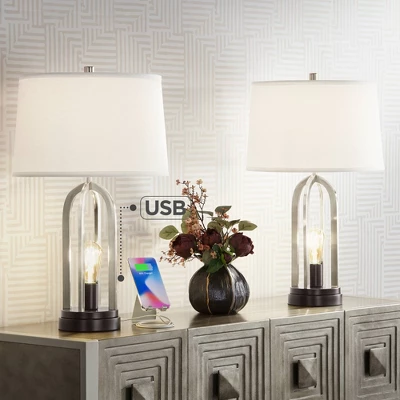 360 Lighting Marcel Modern Table Lamps Set Of 2 24 1/4" High Brushed Nickel With LED Nightlight USB Charging Port White Shade For Bedroom House Desk 3 360 Lighting Marcel Modern Table Lamps Set Of 2 24 1/4" High Brushed Nickel With LED Nightlight USB Charging Port White Shade For Bedroom House Desk