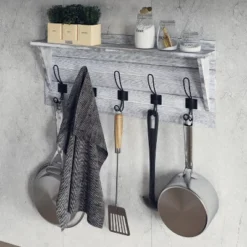 Emma And Oliver Rustic Country Wall Mounted Entryway Shelf With 5 Rustic Hooks And Wood Construction -Home Decor Store GUEST fe2268c2 14c7 41ef 97e3 c6fd992e6fee
